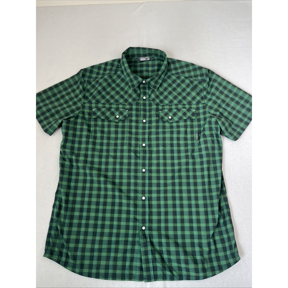 STIO Men's XL Eddy Short Sleeve Shirt Green Plaid Snap